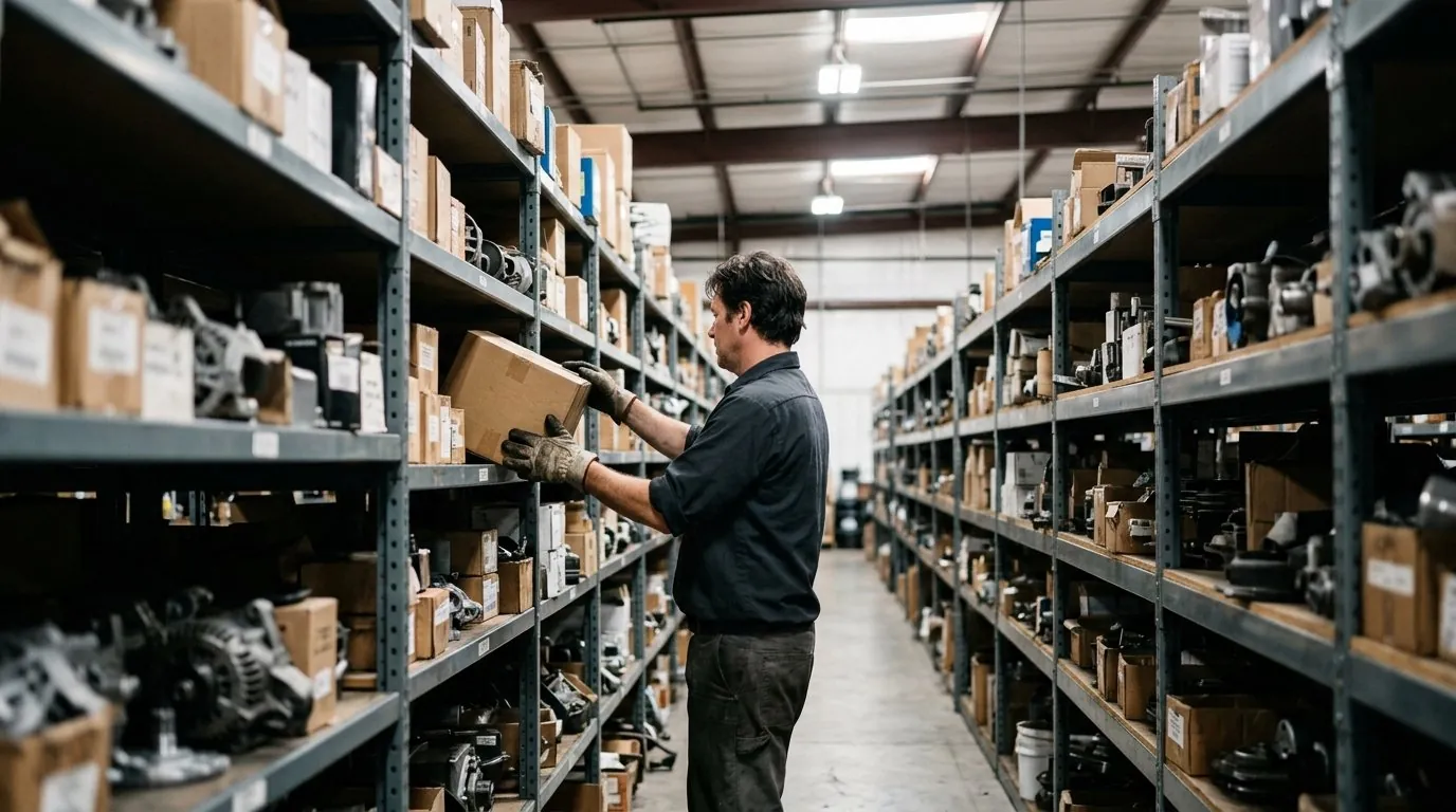 Warehouse worker selecting new auto parts in Houston from a stocked shelf inside a local supply warehouse.