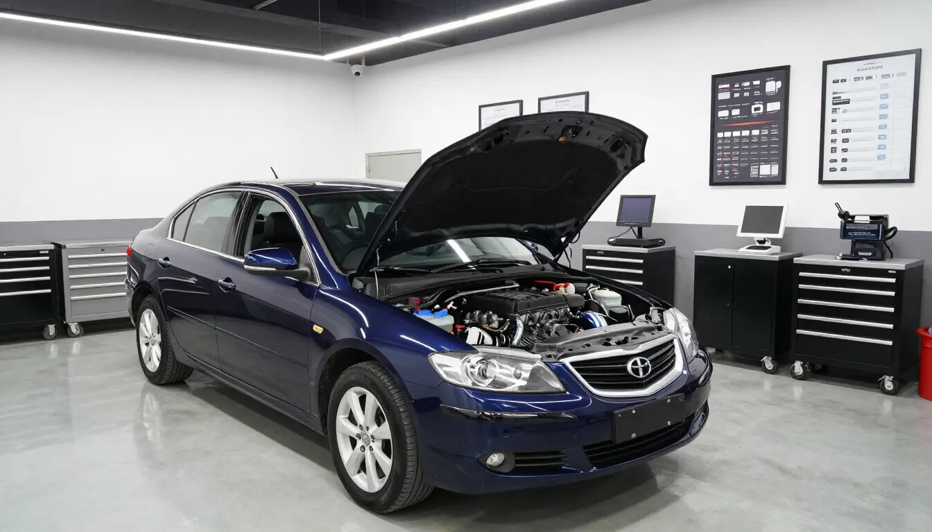 Car with its hood open for an engine inspection in an auto shop